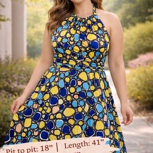 Jones Studio Halter Dress Abstract Print Blue Yellow Fit & Flare